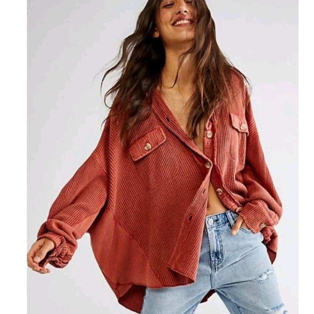 Free People FP One Scout Jacket Shacket Waffle Thermal L Cinnamon Fall Oversized